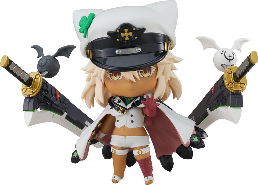 Guilty Gear -Strive- Ramlethal Valentine Nendoroid figure with floating greatswords and military hat isolated on a white background.
