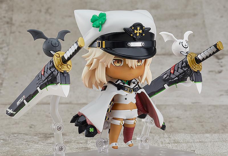 Three-quarter angle view of the Ramlethal Valentine Nendoroid figure with her signature military cap, white coat, and large swords.