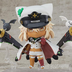 Front view of the Ramlethal Valentine Nendoroid figure reaching her hand forward with dual greatswords mounted on clear stands.