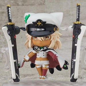 Ramlethal Valentine Nendoroid figure flanked by two giant greatswords held vertically on display stands.