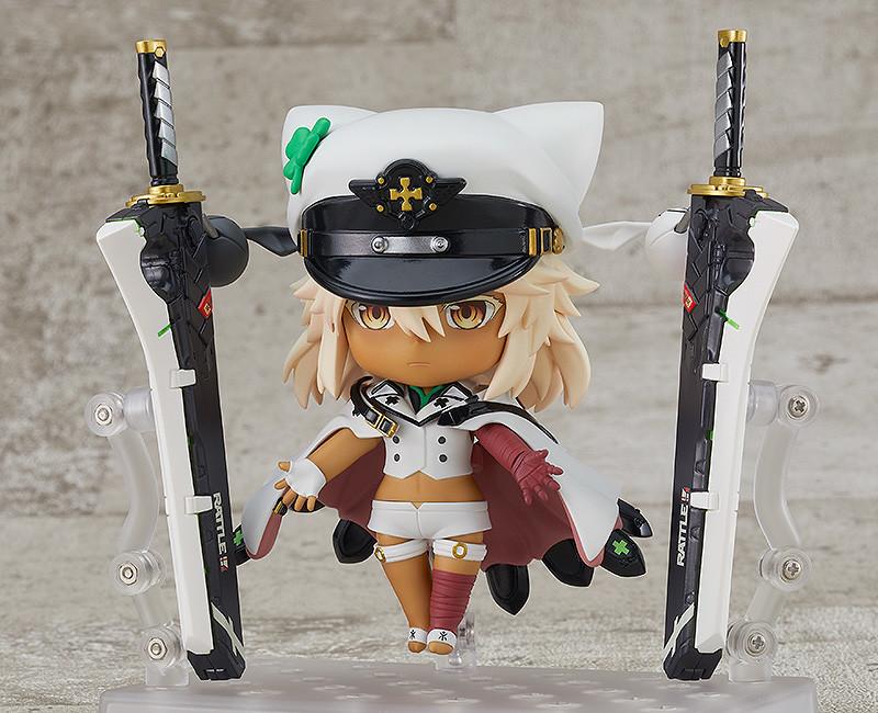 Ramlethal Valentine Nendoroid figure flanked by two giant greatswords held vertically on display stands.