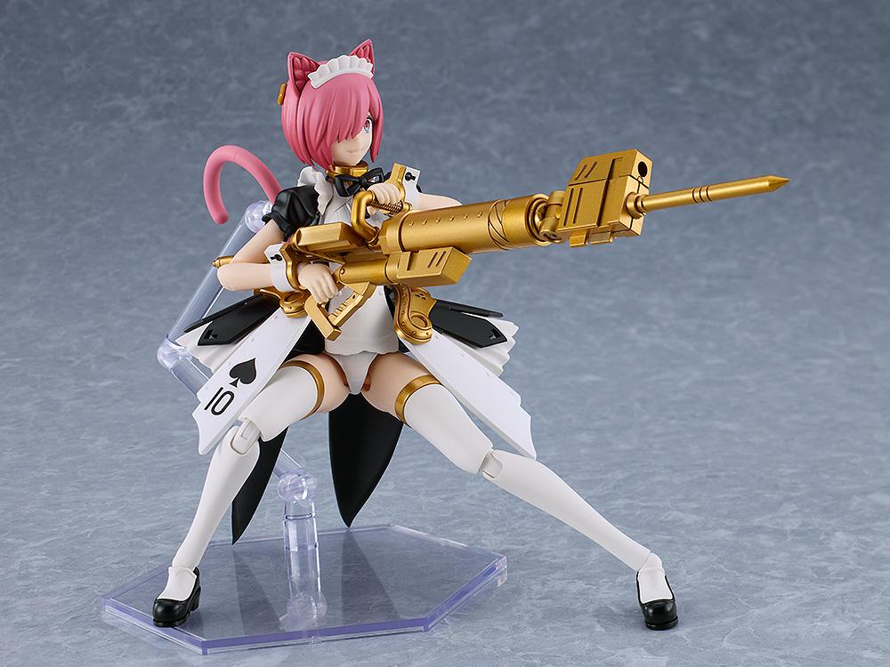 Maidroid Rosalie in a kneeling battle pose aiming the Extermination Grenade Cannon Panzergeist.