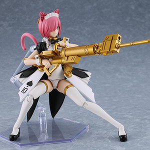 Maidroid Rosalie in a kneeling battle pose aiming the Extermination Grenade Cannon Panzergeist.