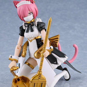 Action pose of Maidroid Rosalie wearing a face mask and holding her articulated weapon gear.