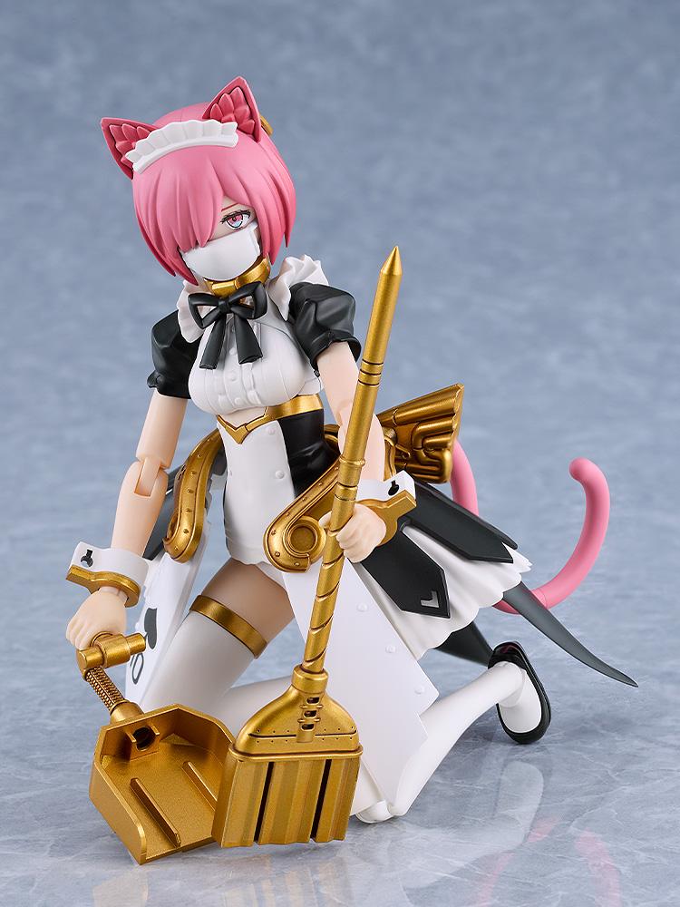 Action pose of Maidroid Rosalie wearing a face mask and holding her articulated weapon gear.