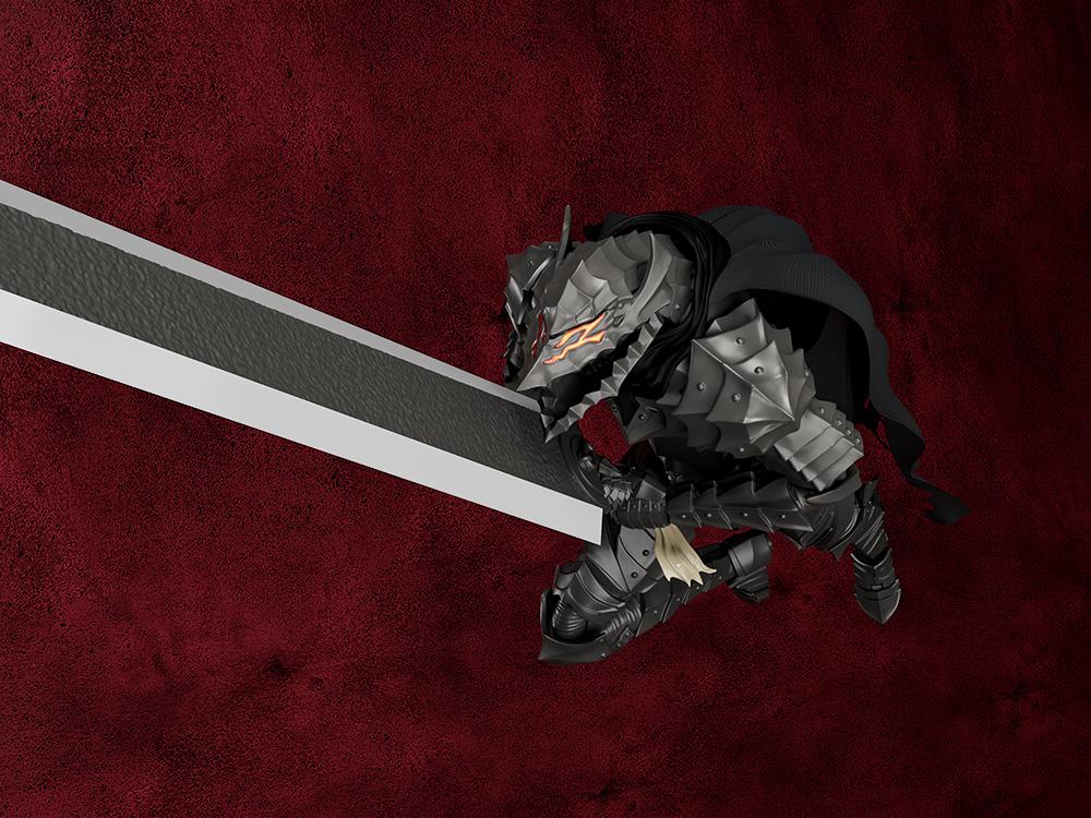 High-angle dynamic action pose of PLAMATEA Guts crouching low and preparing to strike with the massive Dragon Slayer greatsword.
