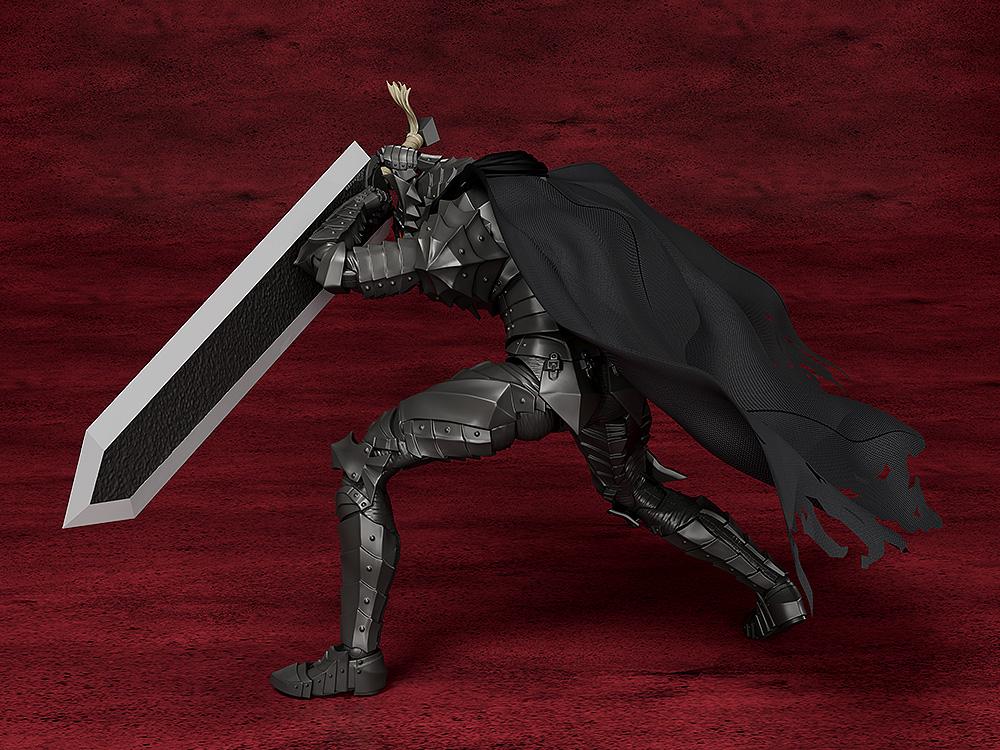 Side profile view of the PLAMATEA Guts model kit in a dynamic forward dashing action pose with his cloth cape billowing behind.