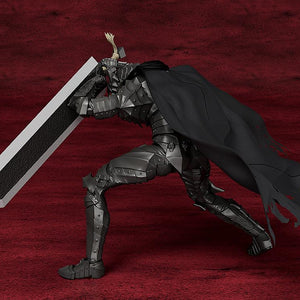 Side profile view of the PLAMATEA Guts model kit in a dynamic forward dashing action pose with his cloth cape billowing behind.
