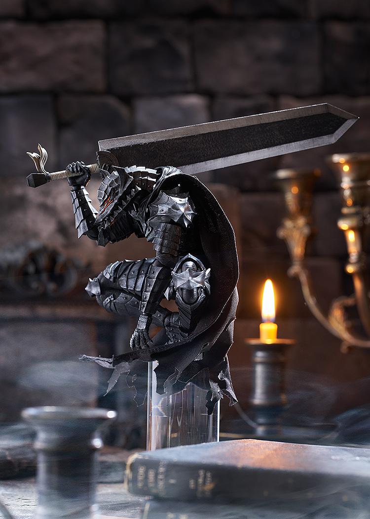 Wide atmospheric diorama photo of PLAMATEA Guts perched on a high stone pillar with the Dragon Slayer sword resting on his shoulder next to a lit candle.