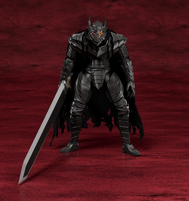 Front view of the Good Smile Company PLAMATEA Guts Berserker Armor model kit in a powerful standing stance with eyes glowing orange.
