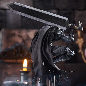 Rear perspective view of the atmospheric diorama showing the draping cloth cape and greatsword of the Guts Berserker Armor model kit while perched.