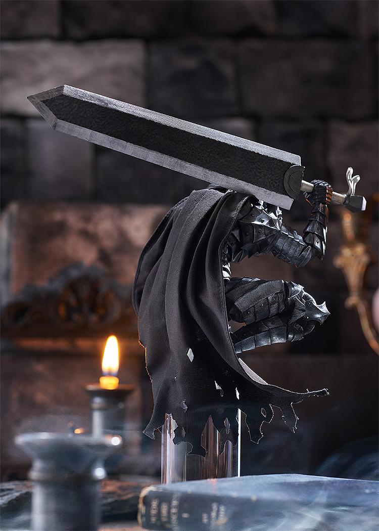 Rear perspective view of the atmospheric diorama showing the draping cloth cape and greatsword of the Guts Berserker Armor model kit while perched.