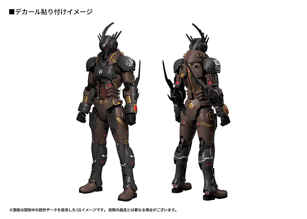 CG render showing the front and back decal placement guide for the Bio-Booster Armor Guyver 03 model.