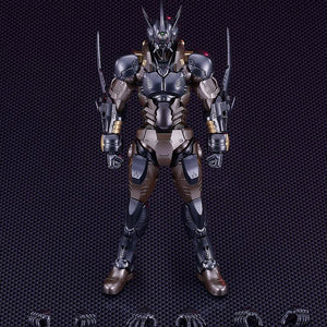 Overhead view of the completed Guyver 03 figure with six additional interchangeable hand parts for various poses.