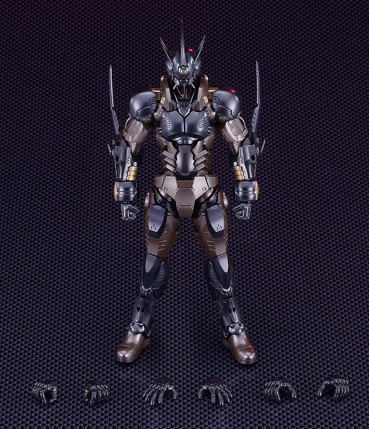 Overhead view of the completed Guyver 03 figure with six additional interchangeable hand parts for various poses.