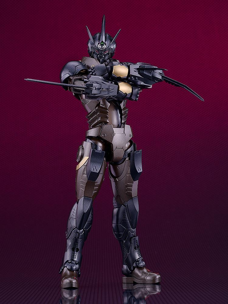 Full body shot of the Gale Hound Guyver 03 against a deep purple background, showcasing its sleek bio-booster design.