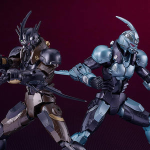 Comparison shot showing the Gale Hound Guyver 03 alongside a Guyver 01 style model in a combat stance.