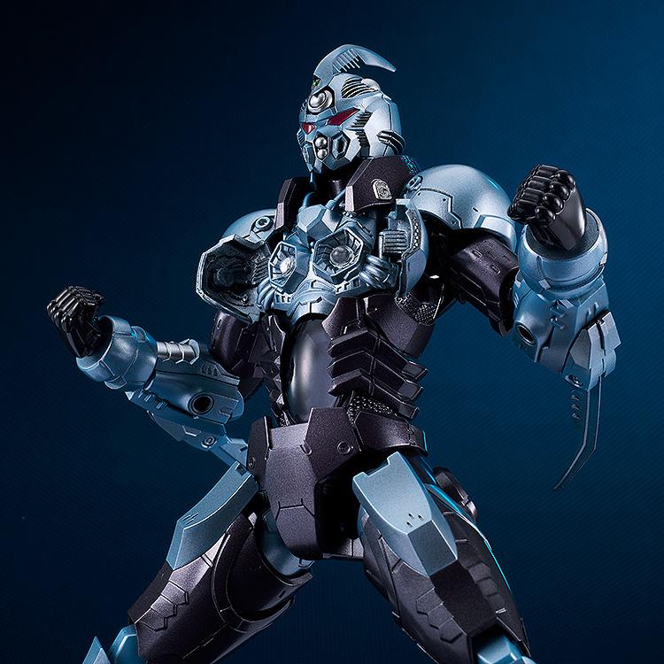 A close-up shot of the Gale Hound Guyver 01 torso highlighting the intricate internal details of the Mega-Smasher cannon.