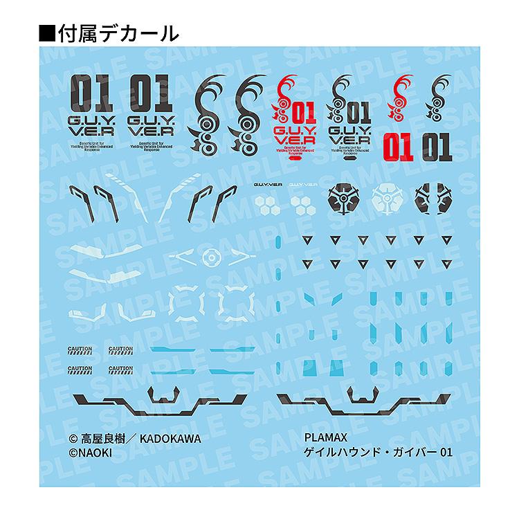 High-resolution view of the included water-slide decal sheet for the PLAMAX Gale Hound Guyver 01 model kit.