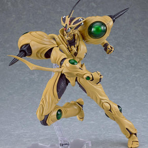 The Guyver Gigantic figma suspended on its stand in a mid-air dynamic attack pose with High-Frequency swords deployed.