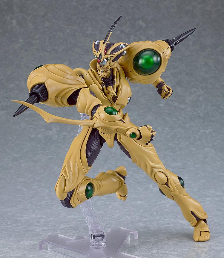 The Guyver Gigantic figma suspended on its stand in a mid-air dynamic attack pose with High-Frequency swords deployed.