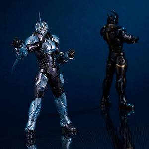 Comparison shot of the Gale Hound Guyver 01 in the foreground with a Titanomachia unit silhouette in the background.