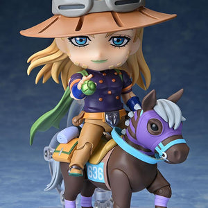 Gyro Zeppeli Nendoroid figure riding Valkyrie on a clear display stand, featuring his signature wide-brimmed hat.