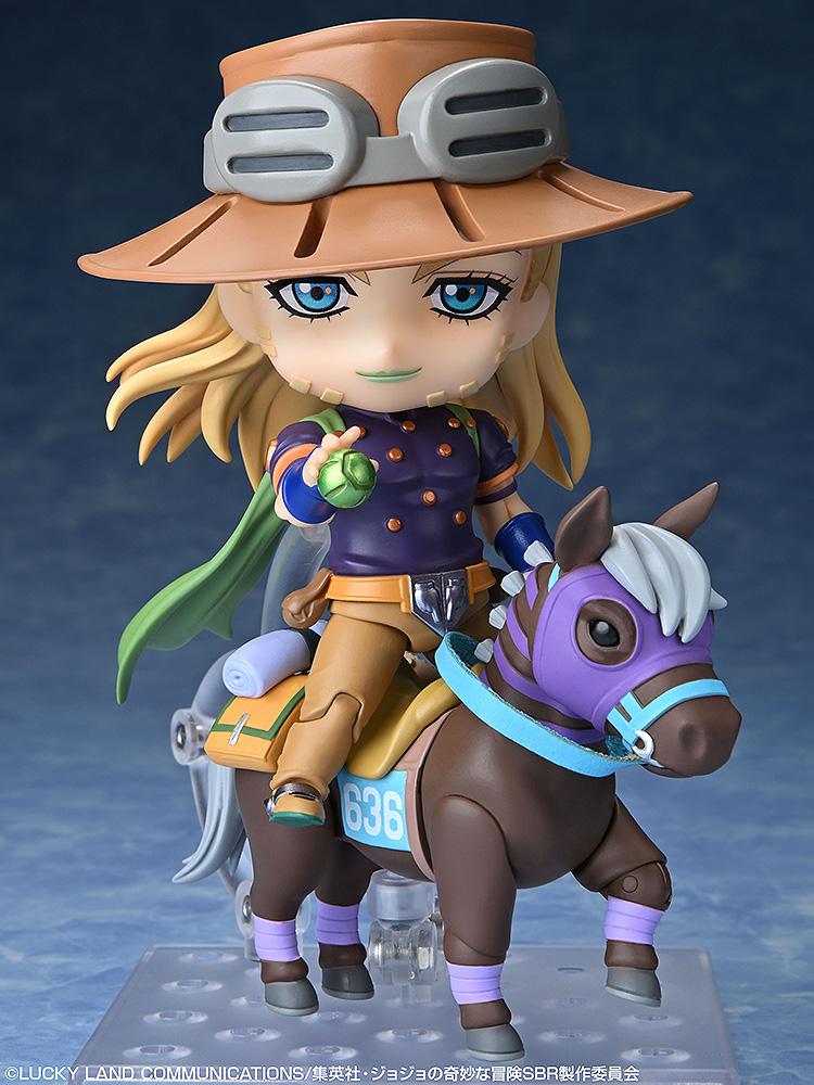 Gyro Zeppeli Nendoroid figure riding Valkyrie on a clear display stand, featuring his signature wide-brimmed hat.