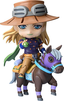 Full shot of the Gyro Zeppeli DX Nendoroid mounted on his horse Valkyrie, holding an Iron Ball.