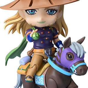 Full shot of the Gyro Zeppeli DX Nendoroid mounted on his horse Valkyrie, holding an Iron Ball.
