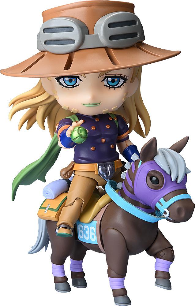 Full shot of the Gyro Zeppeli DX Nendoroid mounted on his horse Valkyrie, holding an Iron Ball.