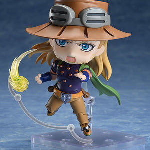 Action shot of Gyro Zeppeli Nendoroid with a shouting battle face and spinning Iron Ball effect part.