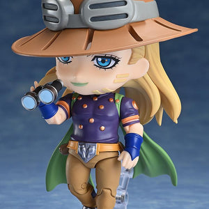 Gyro Zeppeli Nendoroid figure using the included binoculars accessory, featuring his wide-brimmed hat and goggles.