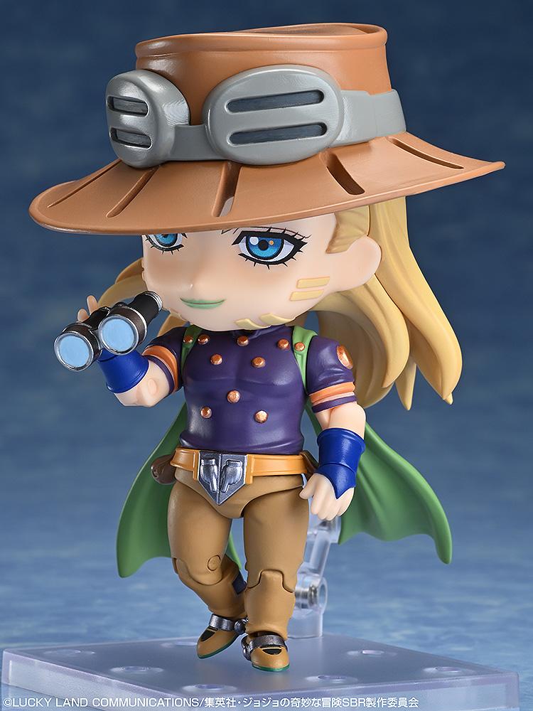 Gyro Zeppeli Nendoroid figure using the included binoculars accessory, featuring his wide-brimmed hat and goggles.