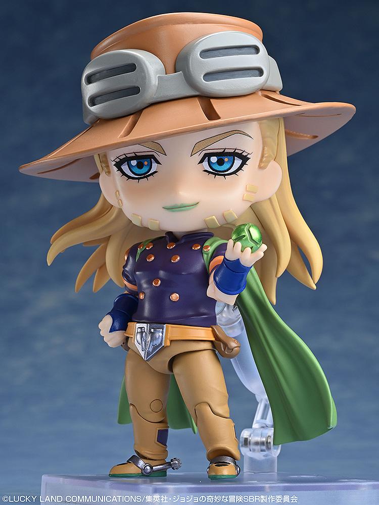 Gyro Zeppeli Nendoroid with a composed expression and green cape standing on a clear display base.