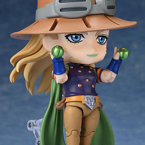 Gyro Zeppeli Nendoroid posing with two green Iron Balls, showcasing his unique facial markings and blonde hair.