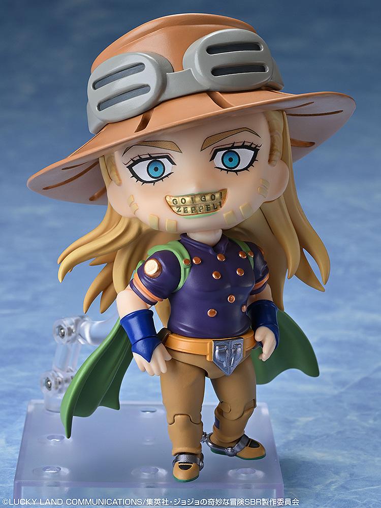 Detailed shot of the Gyro Zeppeli Nendoroid "Nyo ho ho" smiling face plate showing his engraved gold teeth.