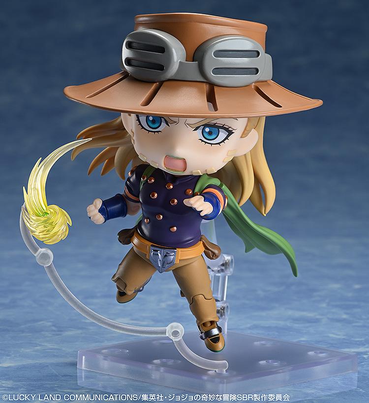 Close-up of Gyro Zeppeli Nendoroid with a shouting battle face plate and Iron Ball spin effect part.