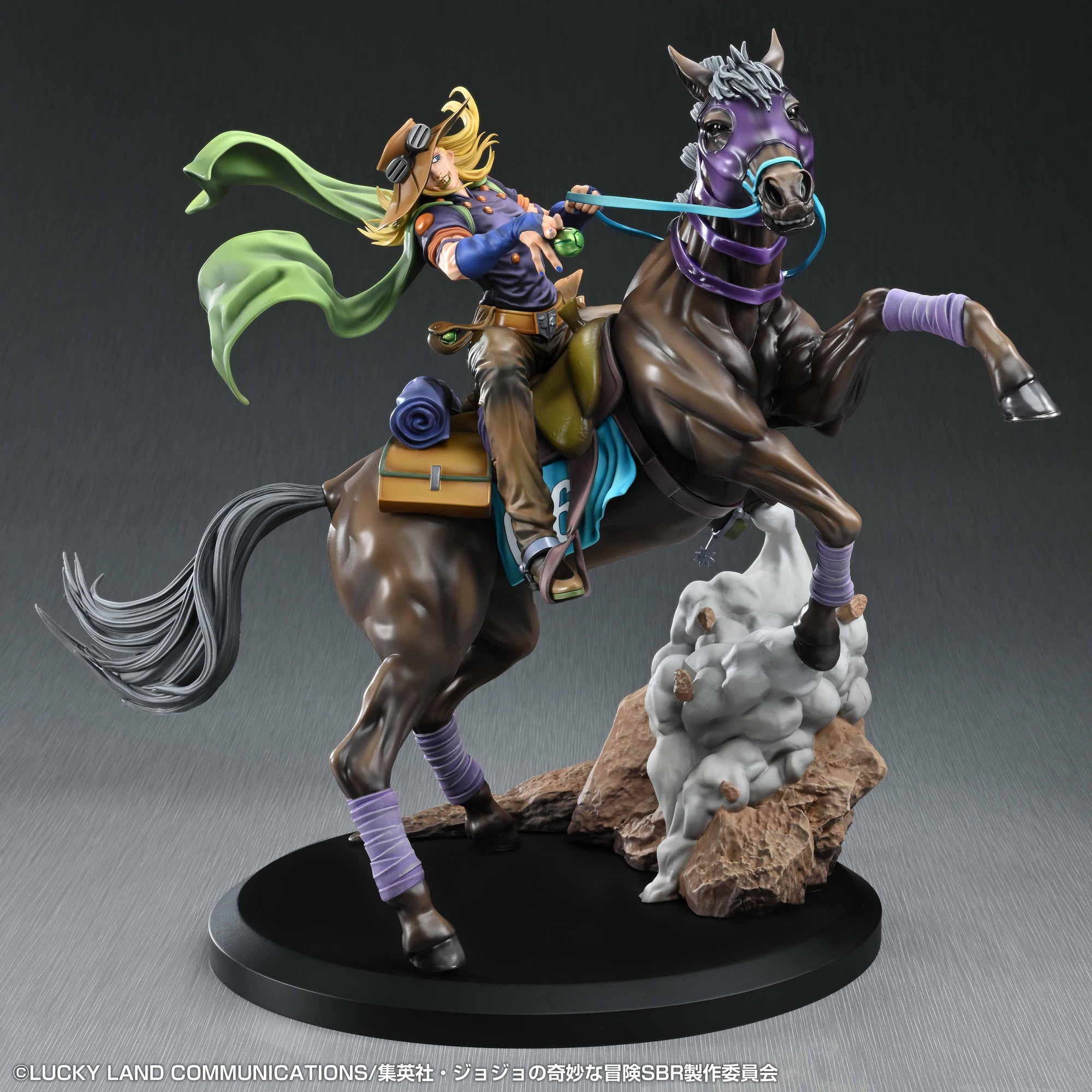 Right side profile view of the JoJo's Bizarre Adventure Steel Ball Run Gyro Zeppeli figure on Valkyrie, displaying the saddlebags, rolled bedding, and muscular horse sculpt.