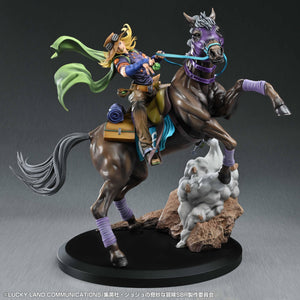 Right side profile view of the JoJo's Bizarre Adventure Steel Ball Run Gyro Zeppeli figure on Valkyrie, displaying the saddlebags, rolled bedding, and muscular horse sculpt.