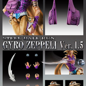 Complete overview of Gyro Zeppeli Ver. 1.5 accessories including interchangeable hands, face parts, steel balls, and spin effect.