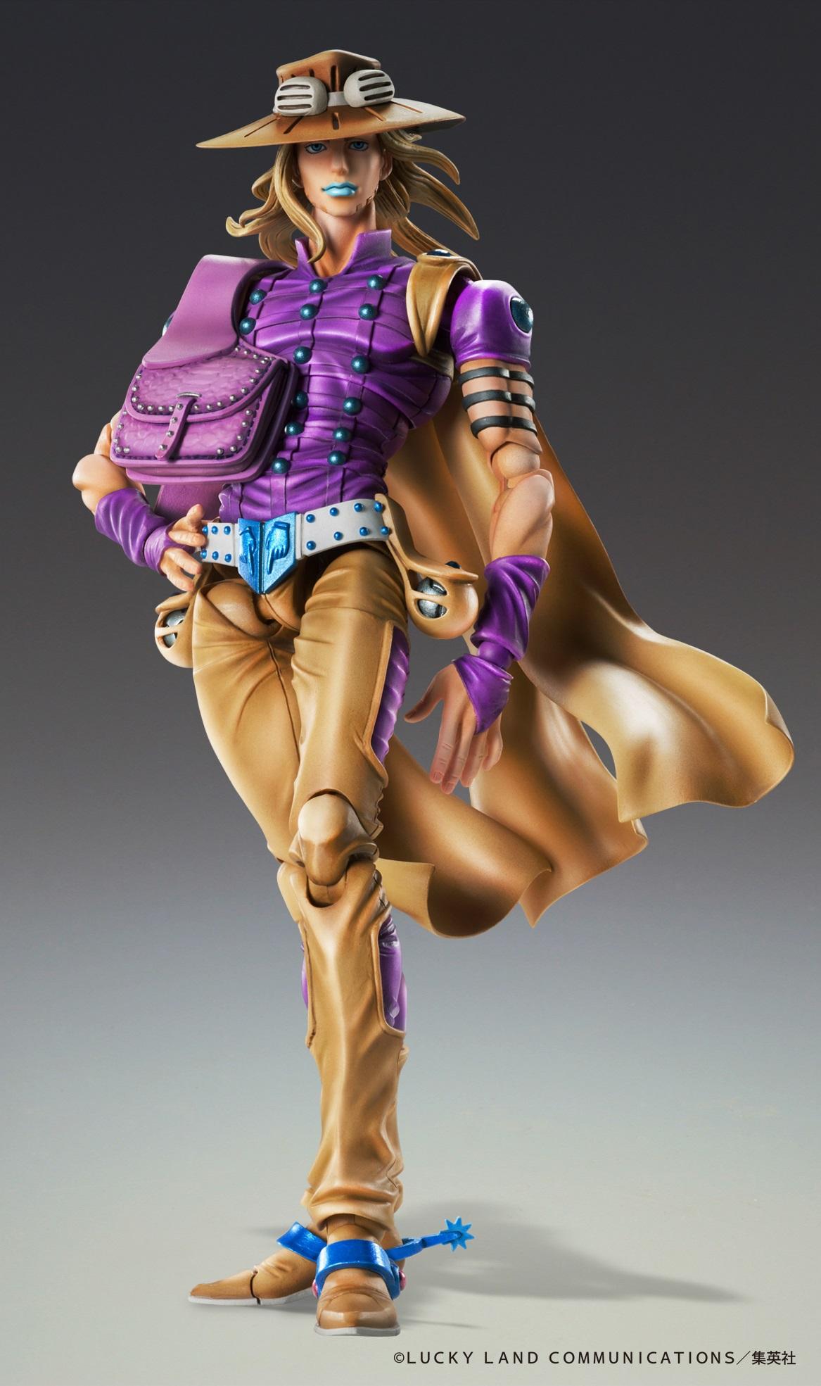 Gyro Zeppeli Super Action Statue equipped with his signature purple satchel and spurs.
