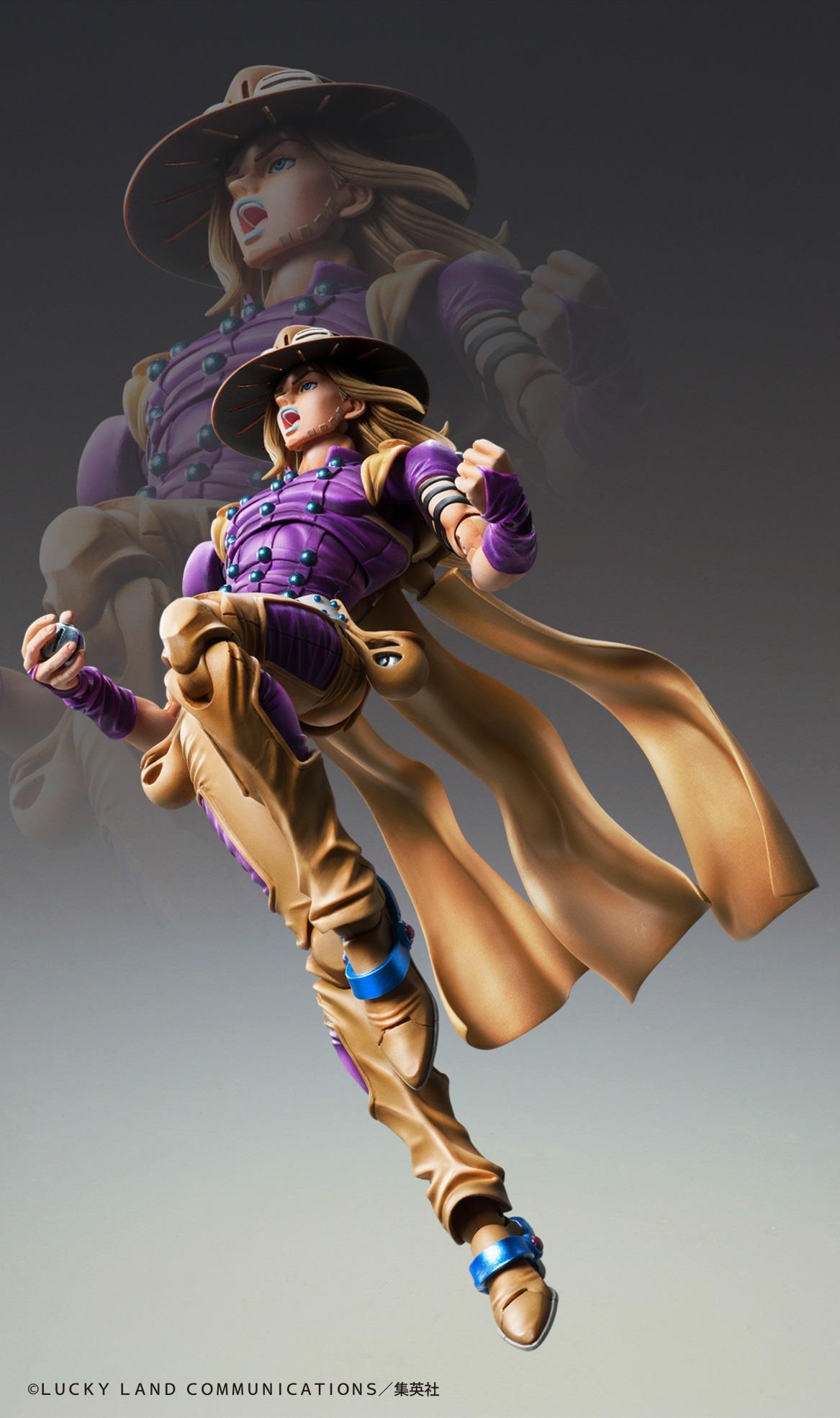 Gyro Zeppeli action figure using the shouting face plate in a mid-air leaping combat pose.