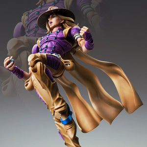 Gyro Zeppeli action figure using the shouting face plate in a mid-air leaping combat pose.
