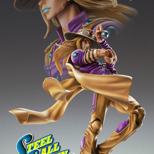 Action pose of Gyro Zeppeli throwing a steel ball with a blurred close-up background of the figure's face.