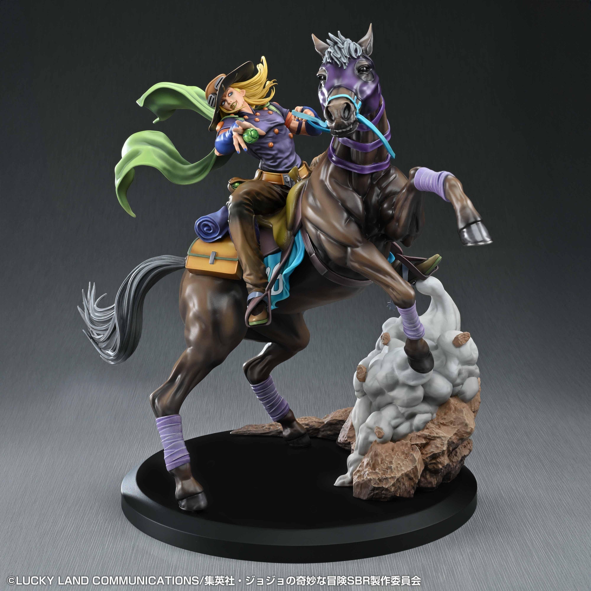 Slightly rotated front view of the Chozo Art Gyro Zeppeli & Valkyrie figure, highlighting the horse's purple leather bridle mask, blue reins, and the textured dust cloud base.
