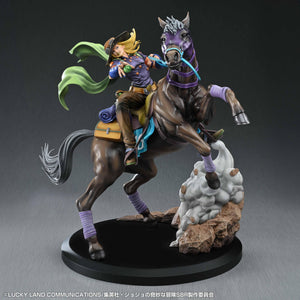 Slightly rotated front view of the Chozo Art Gyro Zeppeli & Valkyrie figure, highlighting the horse's purple leather bridle mask, blue reins, and the textured dust cloud base.