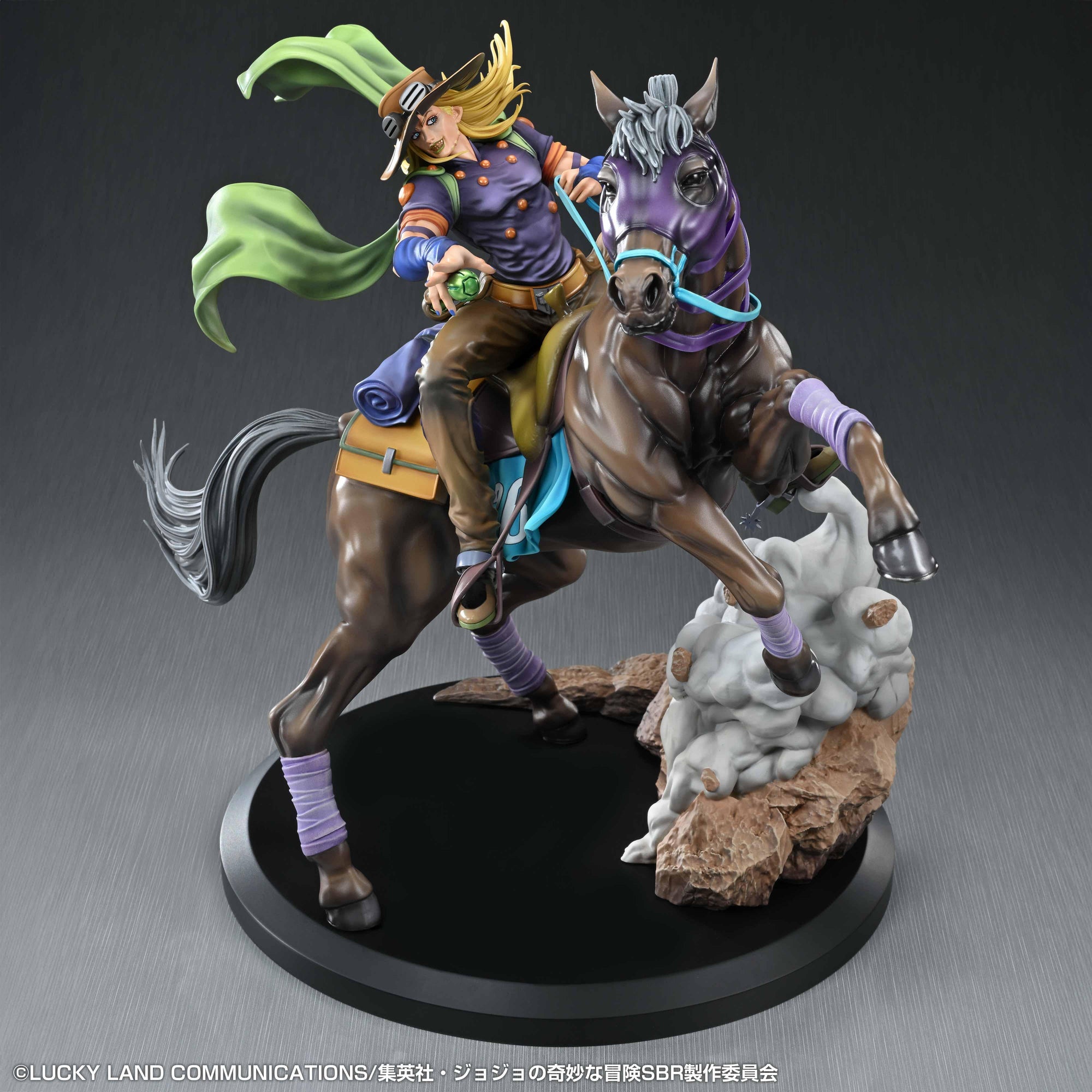 High-angle down-shot of the Gyro Zeppeli & Valkyrie statue, emphasizing the dynamic, towering perspective of the rearing horse and Gyro's outstretched hand.