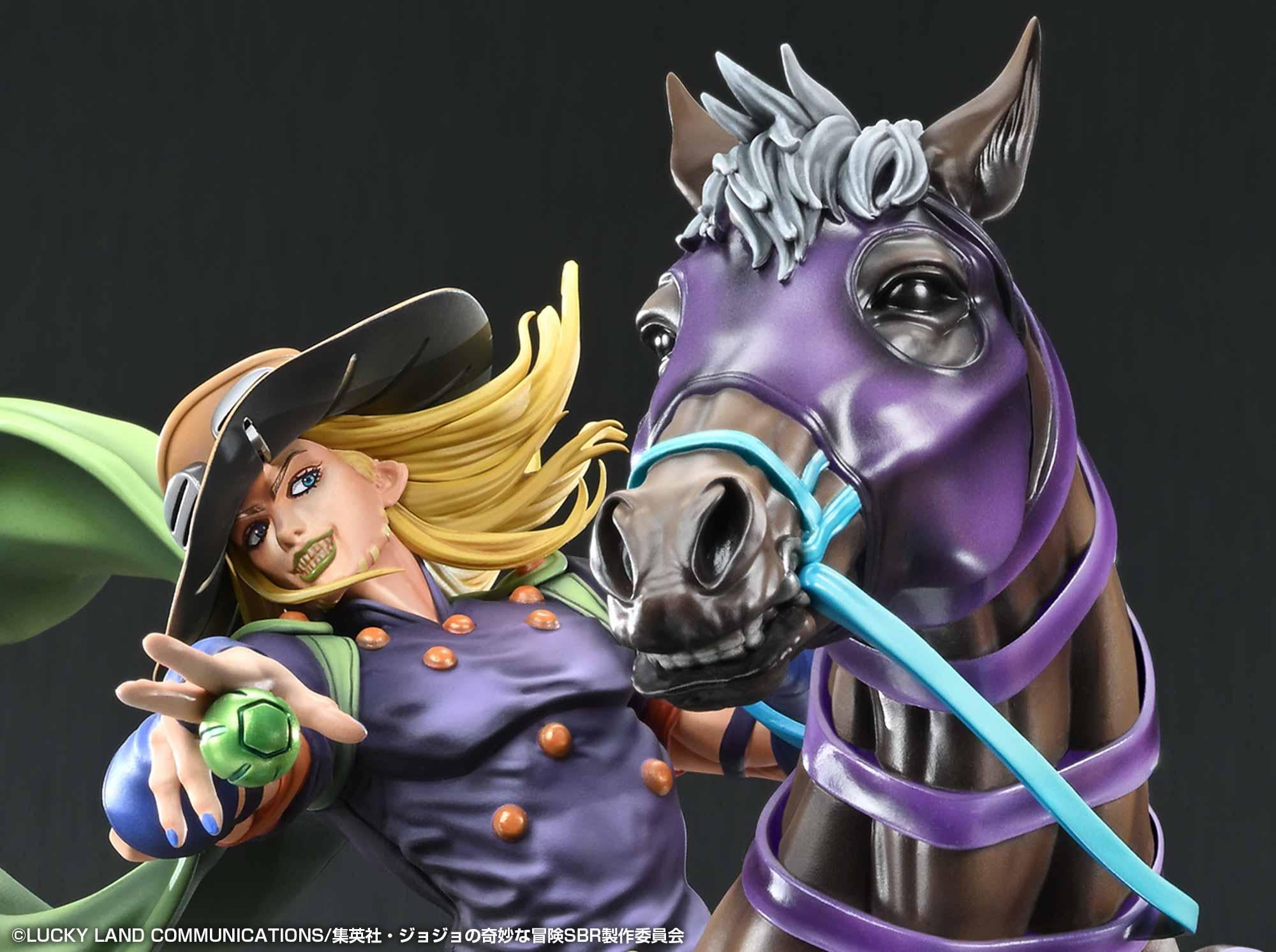 Detailed close-up macro shot of Gyro Zeppeli's face showcasing his signature grin, blonde hair, and green Spin sphere alongside Valkyrie's head clad in a purple stallion mask.