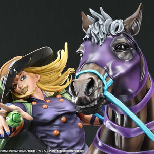 Detailed close-up macro shot of Gyro Zeppeli's face showcasing his signature grin, blonde hair, and green Spin sphere alongside Valkyrie's head clad in a purple stallion mask.